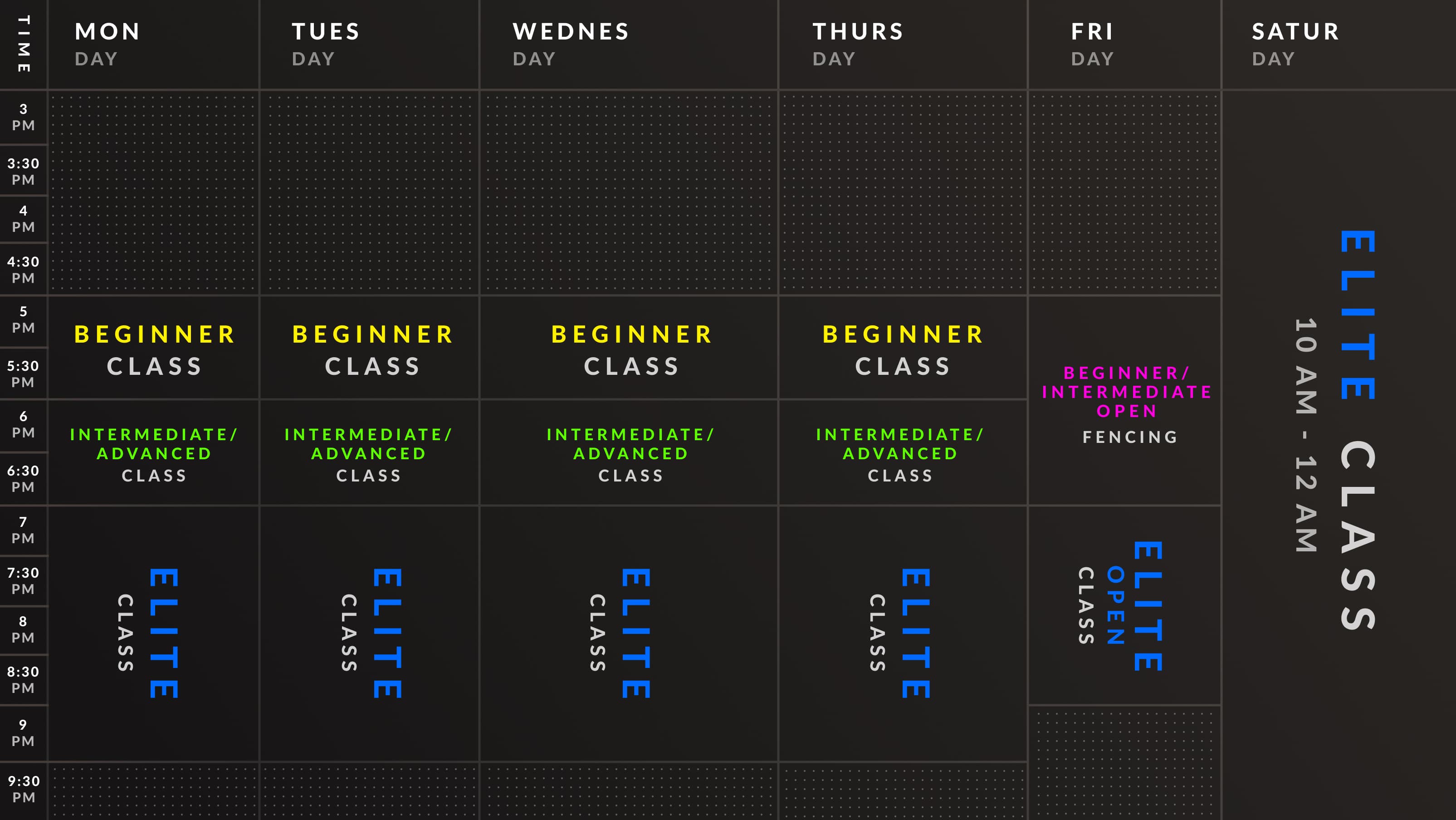 ASER Fencing Academy weekly class schedule