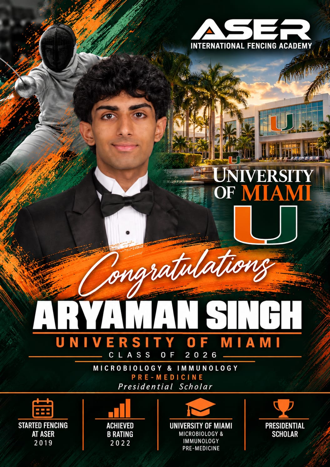 College commitment poster for Aryaman Singh, University of Miami Class of 2026
