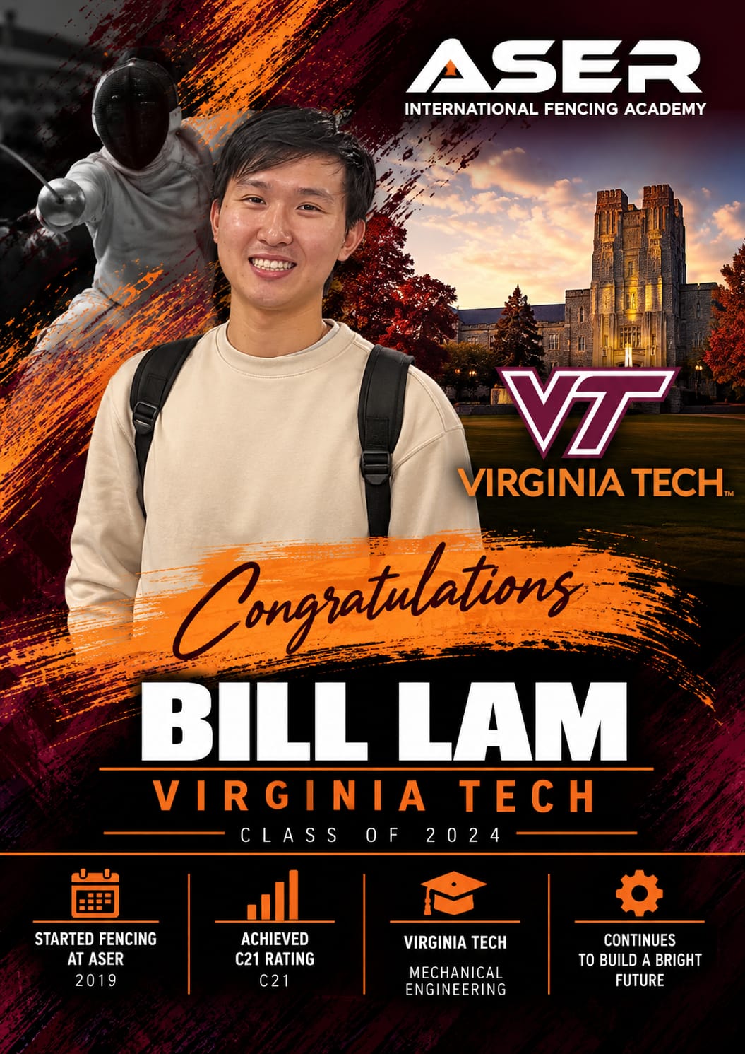 College commitment poster for Bill Lam, Virginia Tech Class of 2024