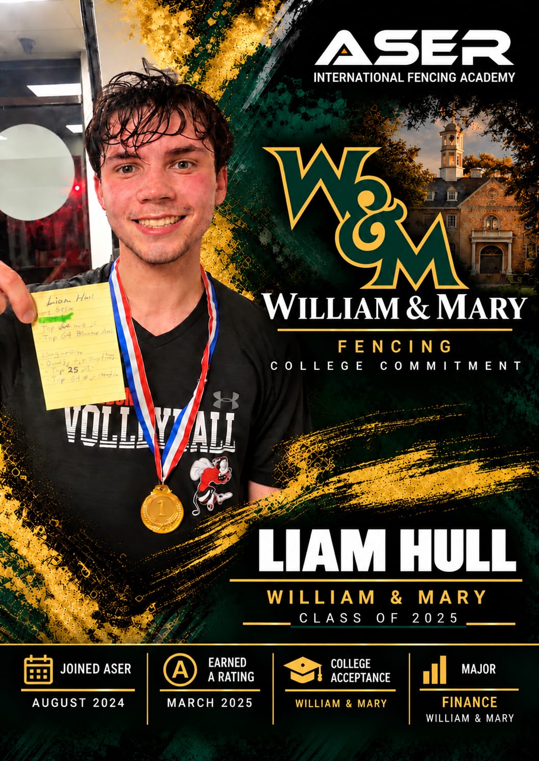 College commitment poster for Liam Hull, William & Mary Class of 2025