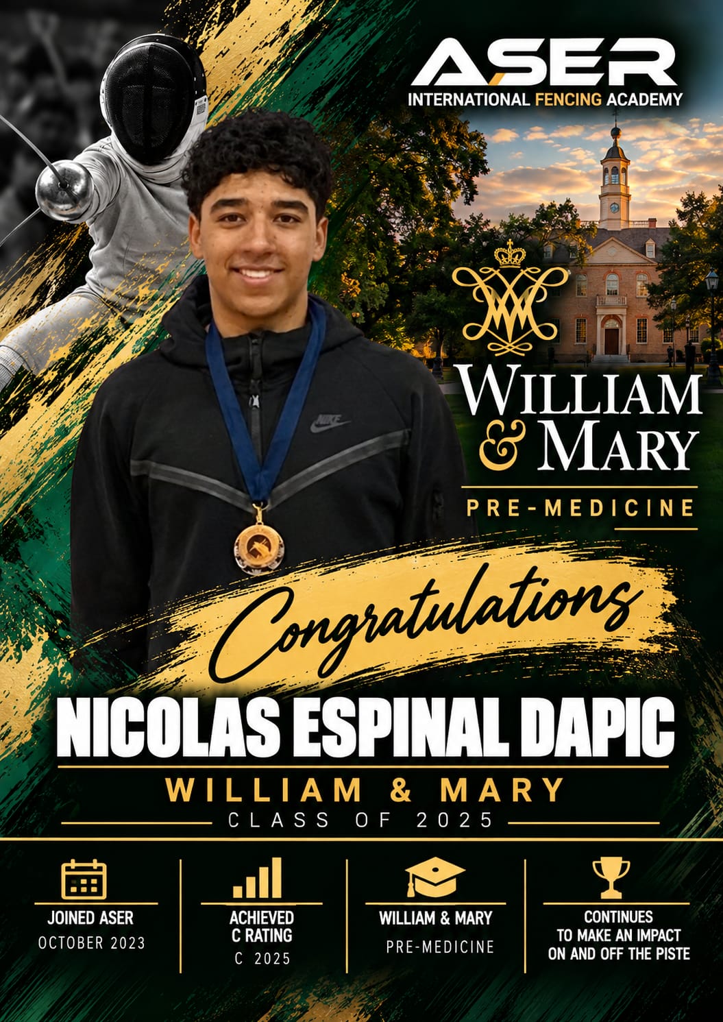 College commitment poster for Nicolas Espinal Dapic, William & Mary Class of 2025