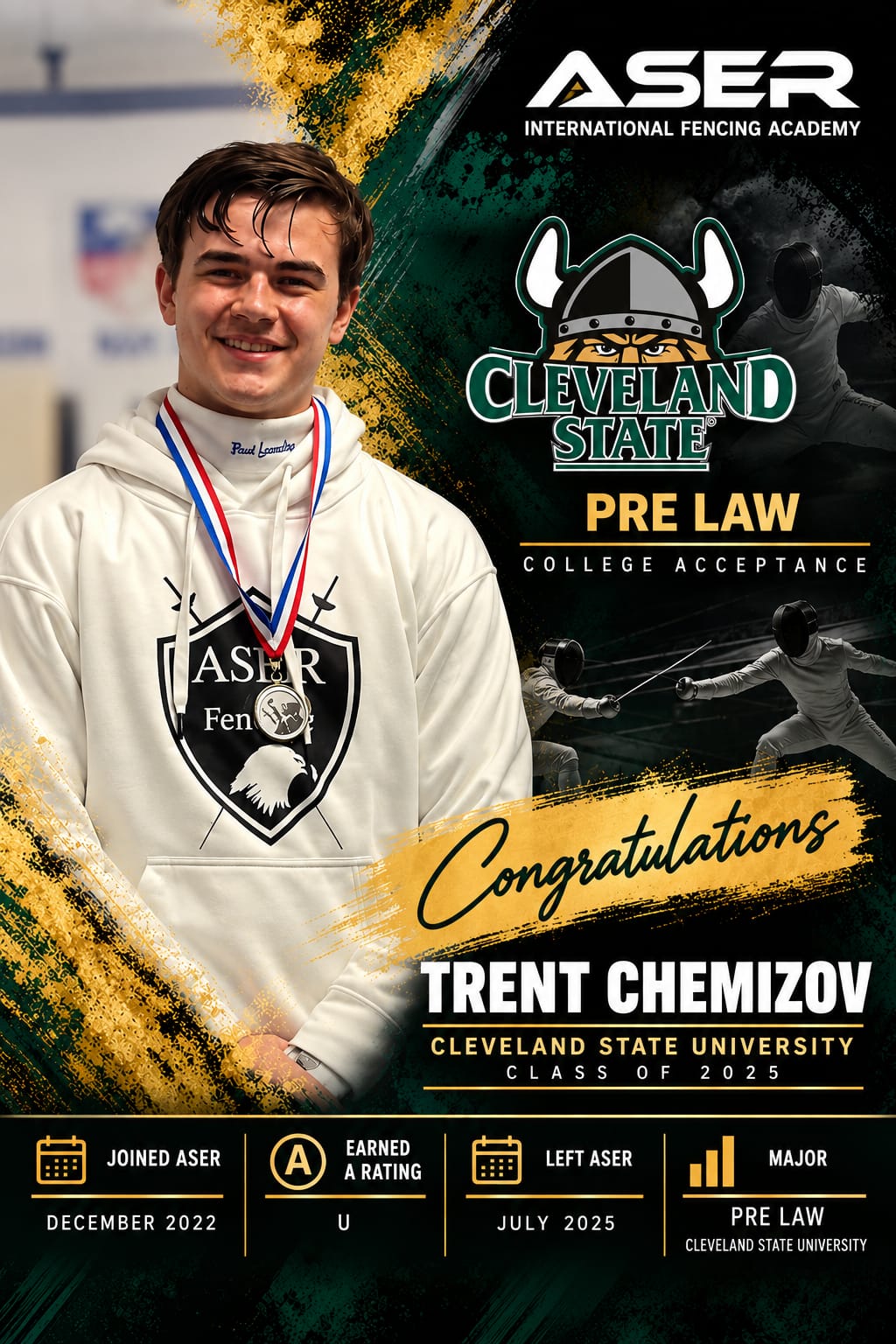 College commitment poster for Trent Chemizov, Cleveland State University Class of 2025